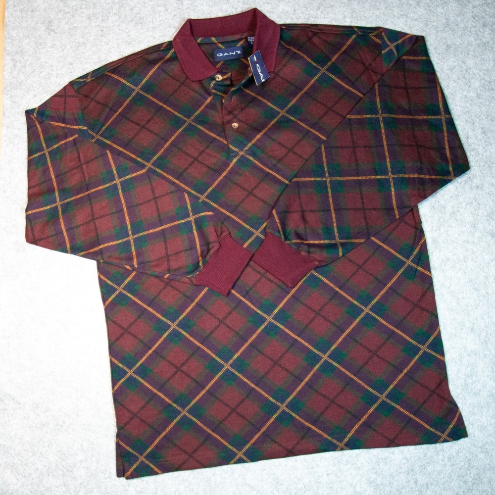Vintage Gant Men's Long Sleeve Plaid Tartan Design Polo Shirt NWT Maroon Purple